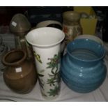 A Shelley blue mottled ribbed vase; a Charlotte Rhead style vase (hairline crack); 3 Portmeirion