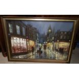 John Bampfield: oil on canvas, Edwardian street scene at night, signed, framed