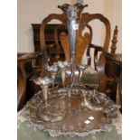 A Mappin and Webb EPNS epergne, a silver plated tray, a 3 piece brass companion set and a covered