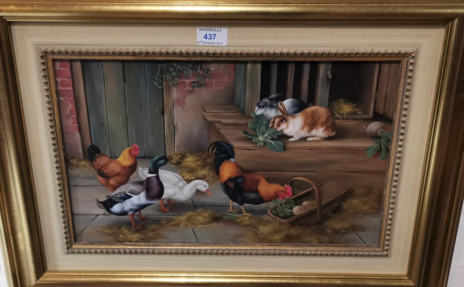 Carl Whitfield: Farmyard scene with rabbits, ducks and poultry, oil on board, signed, 22 cm x 44 cm,