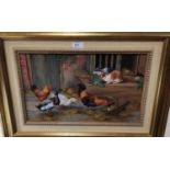 Carl Whitfield: Farmyard scene with rabbits, ducks and poultry, oil on board, signed, 22 cm x 44 cm,