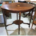 An Edwardian mahogany 2 tier shaped oval table inlaid stringing and circular patera, saltire