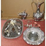A Victorian silver plated claret jug; a sugar scuttle; a gallery tray; 6 hallmarked silver