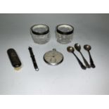 A gent's Gala dress pocket watch; a pair of silver rim salts; a set of 3 silver mustard spoons; a