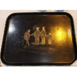 An oriental lacquer work tray decorated in gilt with a family, length 24" (1 corner chipped, in need