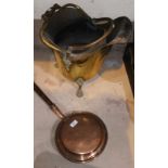 Two brass coal scuttles; a companion set; a copper warming pan; etc.