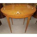 An Edwardian style satinwood occasional table with oval top, painted floral garlands, 29"