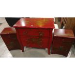 A pair of modern red and gilt lacquer chinoiserie side cabinets and similar 3-height chest of