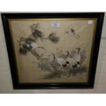 A late 19th/early 20th century Chinese watercolour on silk depicting cranes and flowering tree, 37 x