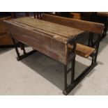 A 19th century iron framed child's school desk; a folding 19th century school desk and child's chair