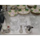 A silver plated coffee pot; 2 cut decanters; a set of 6 cut sundae dishes; a Capodimonte cabinet cup