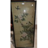 A 19th century Chinese large watercolour on silk depicting finches on a peony type flowering