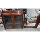 An Edwardian wall hanging shelf unit enclosed by 2 glass doors; a similar 3 height open shelf unit