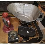A 19th century coffee grinder; a cast iron potato scales; a kitchen scales; 3 brass bell weights;