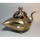 A Chinese large brass incense burner of peach form, the domed lid with open scrollwork branch and