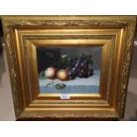 L James: oil on canvas, still life of fruit, 19 cm x 24 cm, in elaborate gilt frame