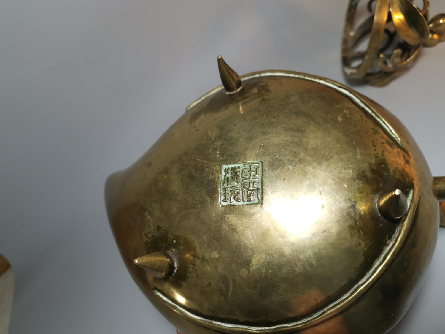 A Chinese large brass incense burner of peach form, the domed lid with open scrollwork branch and - Image 2 of 5