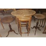 A period style nest of crossbanded burr walnut trio tables with oval tops (faded); 2 reproduction