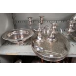 A poair of Viners EPNS 2-branch candelabra, a similar oval tray and another