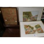 A pair of 1930's embroidered silk garden pictures, 18 x 24 cm, framed; a 19th century sampler