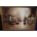 John Bampfield: oil on canvas, moonlit harbour scene, signed, 50 x 75 cm, framed