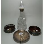 Two modern silver mounted wine coasters; a similar cut glass decanter; a small silver salver