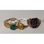 A yellow metal signet ring set monogrammed blue enamel, stamped '9 ct'; a 9 carat gem set ring, 6.