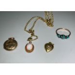 A 9 carat hallmarked gold pendant set opal coloured stone, on belcher chain; 2 other pendants; a