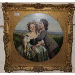 19th Century: three quarter length circular portrait of 2 young lovers, with landscaped