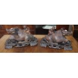 A pair of Chinese carved hardwood buffalo figures, carved and pierced hardwood stands, 10"