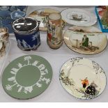 A selection of decorative plates: Royal Doulton; Wedgwood Jasperware; etc.; a Burleigh vase; a
