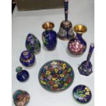 A Chinese cloisonné hand bell; other similar Chinese cloisonné items