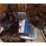 A fur stole; a Russian mink hat; various glass; a box of 1960's 45's in original case; etc.