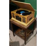 A modern record player oak table; etc.