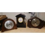 A Victorian mantel clock in architectural black marble case; 2 1930's mantel clocks