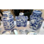 Three Chinese blue & white covered vases; 5 porcelain elephants