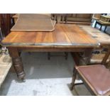 A Victorian pine wind out dining table with 2 spare leaves, on turned reeded legs; 3 chairs