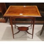 An Edwardian inlaid mahogany occasional table with rectangular top; and oak rectangular top table on