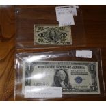 U.S.A. 10 cents, banknote 1863, 2935 1 dollar, silver certificate