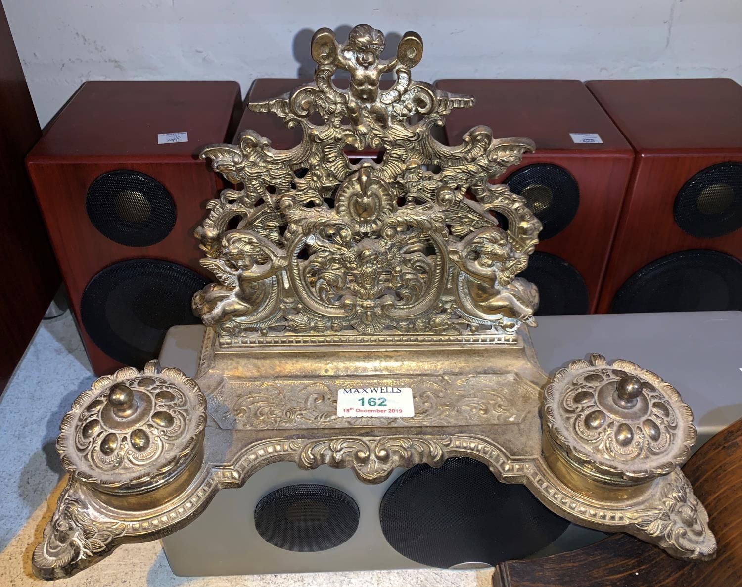 A brass desk organiser with letter rack and inkwell; an oak cased clock by Finnigan's of Manchester - Image 2 of 2