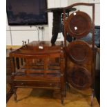 A Georgian style mahogany Canterbury, 19"; a mahogany folding cake stand; a bamboo 2 tier table