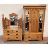 An Edwardian 2 piece bedroom suite in stripped and refinished satin walnut, comprising mirror door