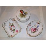 A Royal Crown Derby trinket pot hand painted with a finch; 2 similar pin dishes