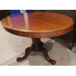 A Victorian mahogany tea table with oval tilt top on octagonal column and 3 carved splay feet