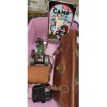 A Mamod steam roller; vintage Coronet box camera; 'Camp Coffee' plaque; brief case