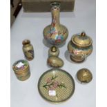 A Chinese cloisonné vase with ivory coloured ground; other Chinese cloisonné ivory coloured items