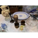 A blue & white meat plate with pewter warming reservoir; a cut glass bowl; etc.