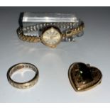 A ladies wristwatch, 9 carat gold case; an eternity ring stamped '9ct'; an F&B locket