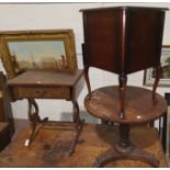 A 19th century mahogany pedestal occasional table with circular top (reduced) a workbox/occasional