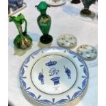 A Chinese large porcelain dish with military armorial; 2 small dishes; 2 Victorian green glass